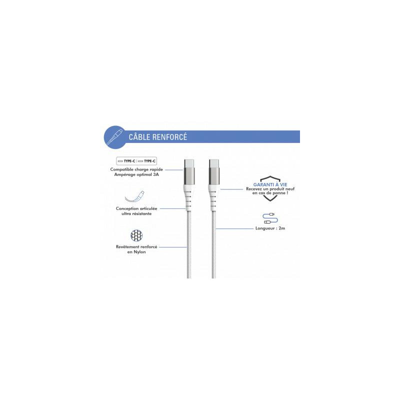 Câble Renforcé USB C / USB C 3A 2m PD 60W Blanc FORCE POWER