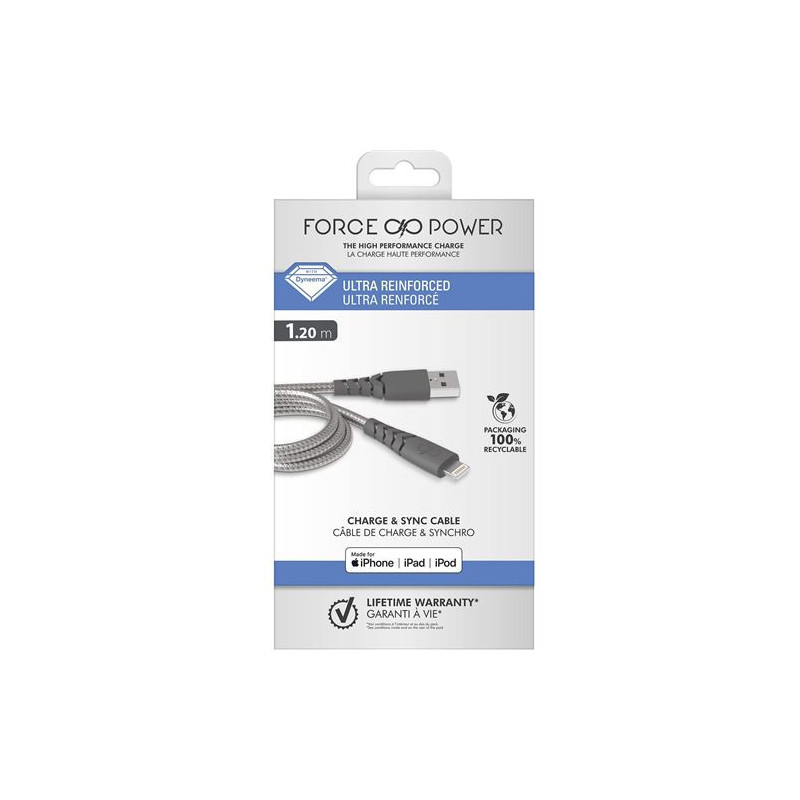 Câble renforcé USB A/Lightning 1,2 m Gris Force Power