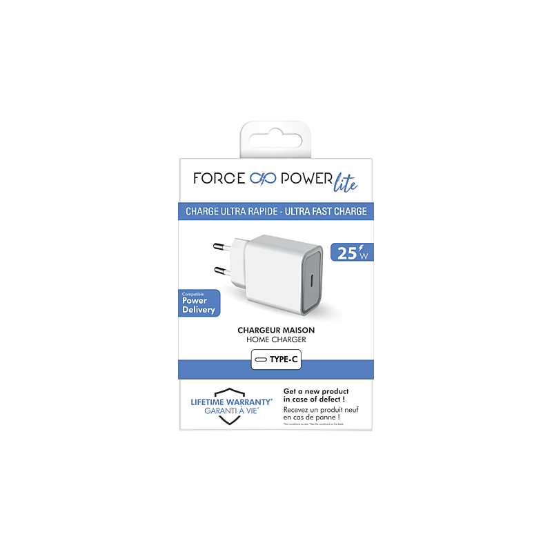 Chargeur maison USB C PD 25W Power Delivery Garanti à vie Blanc - 100% Plastique recyclé Force Power Lite