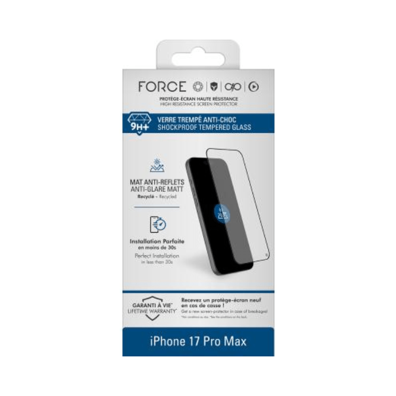 Protège écran iPhone 17 Pro Max Mat Anti-reflet 2.5D Verre trempé + Garantie à vie - Certifié GRS Force Glass