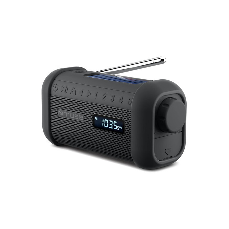 ENCEINTE BLUETOOTH - RADIO PORTABLE - LAMPE TORCHE : SOLAIRE ET DYNAMO - SPLASH PROOF IP64 - NOIR - MUSE