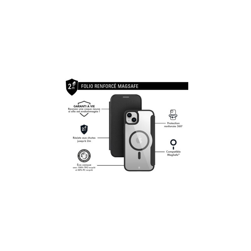 Etui iPhone 15 Plus Folio Renforcé Compatible MagSafe Noir - Garantie à vie Force Case