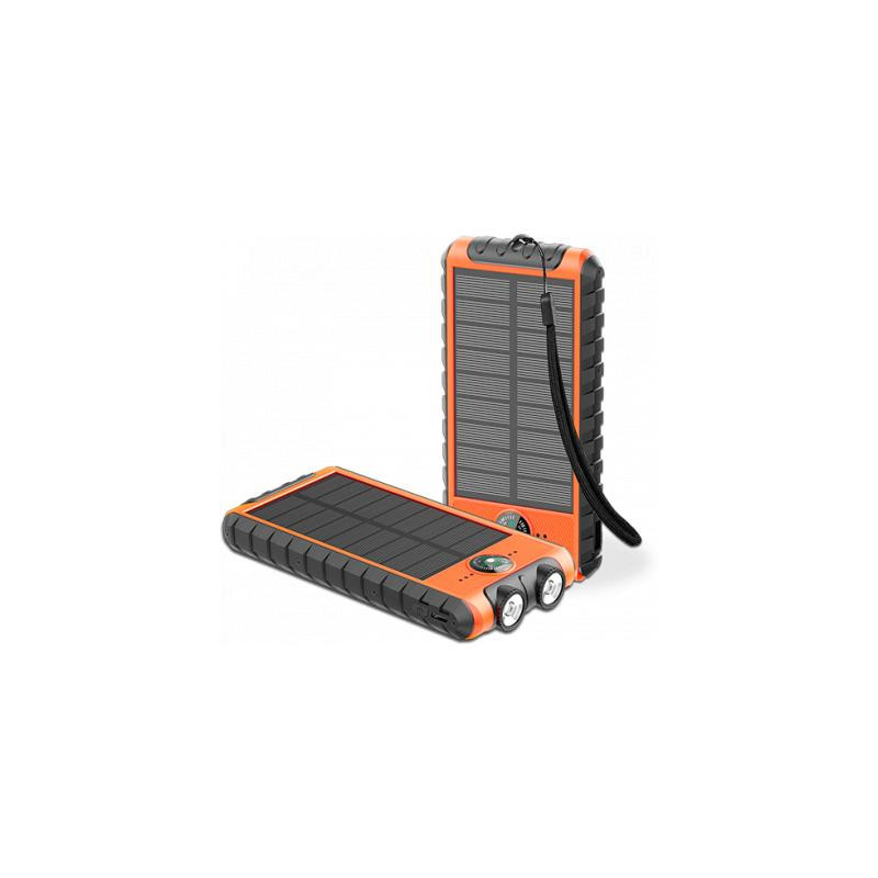 Powerbank Solaire 10000mAh 3 ports USB 2A+C Lampe torche, Dragonne et Boussole intégrés Orange/Noir