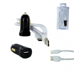 Pack Adaptateur allume cigare USB 2A + Cable USB Type C- Noir